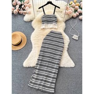 Womens Crop Top Skirt Set Two Piece Black White‎ Pattern Fringe